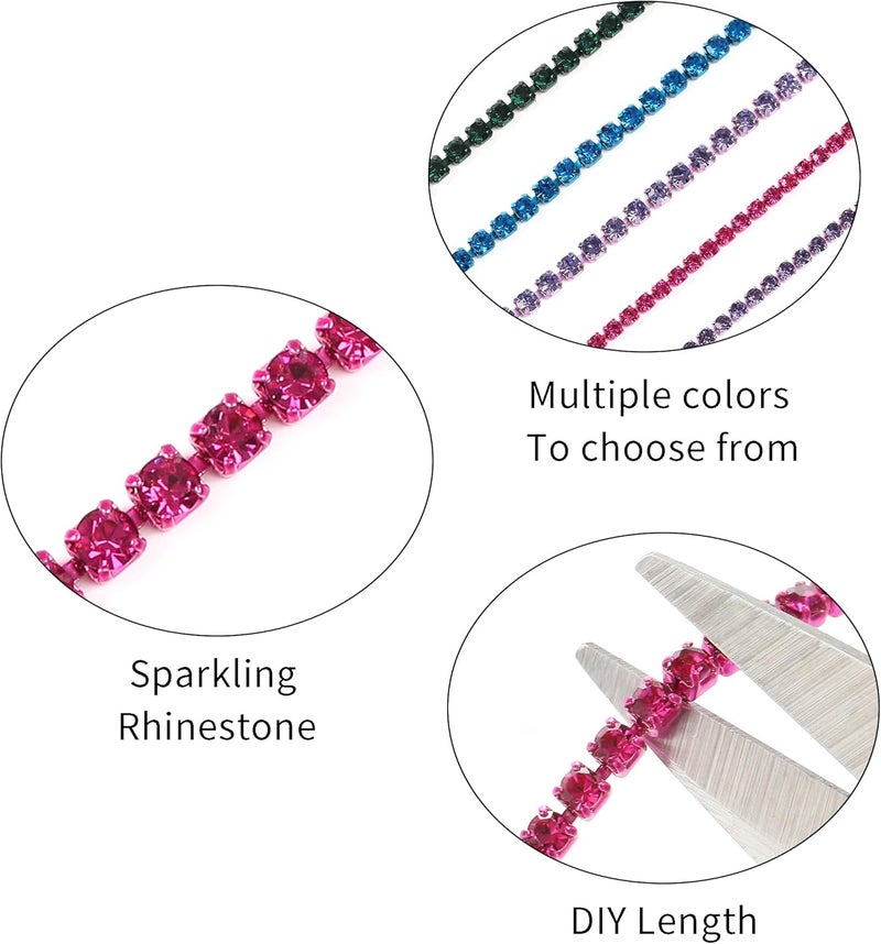 Rytenz 10 Yards 2 MM Rhinestone Chain Trim Crystal Rhinestone Close Chain Trim Shiny for Sewing Crafts, DIY Decoration, Jewelry, Clothing, Shoes (Rose Red-2) - Image 3